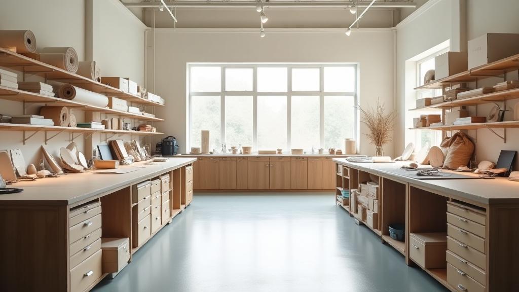 Intérieur lumineux de l'atelier Rivage Papier, avec des plans de travail épurés, des outils d'artisanat et des échantillons de papier et de textiles dans des tons doux et naturels.