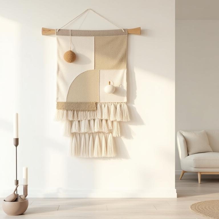 Tenture murale abstraite en lin et coton tissé, tons naturels.